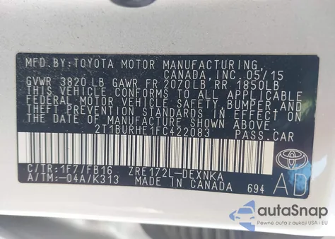 2015 Toyota Corolla L/Le/Le Pls/Prm/S/S Pls из США, поврежденный, VIN 2T1BURHE1FC422083